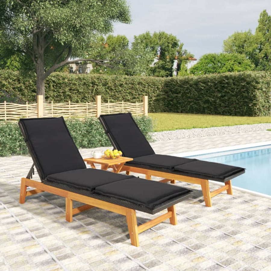 Ligbedden 2 st met kussens poly rattan en massief acaciahout Ja 2x Ligbed
