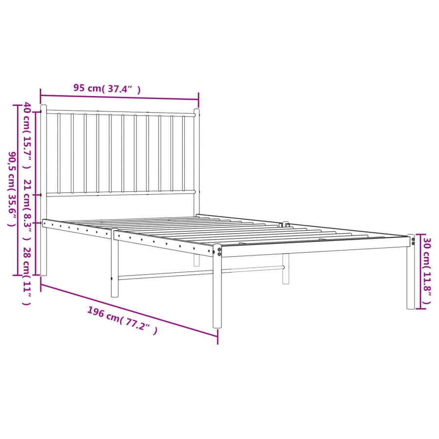 Bedframe met hoofdbord metaal zwart 90x190 cm 90 x 190 cm met hoofdbord