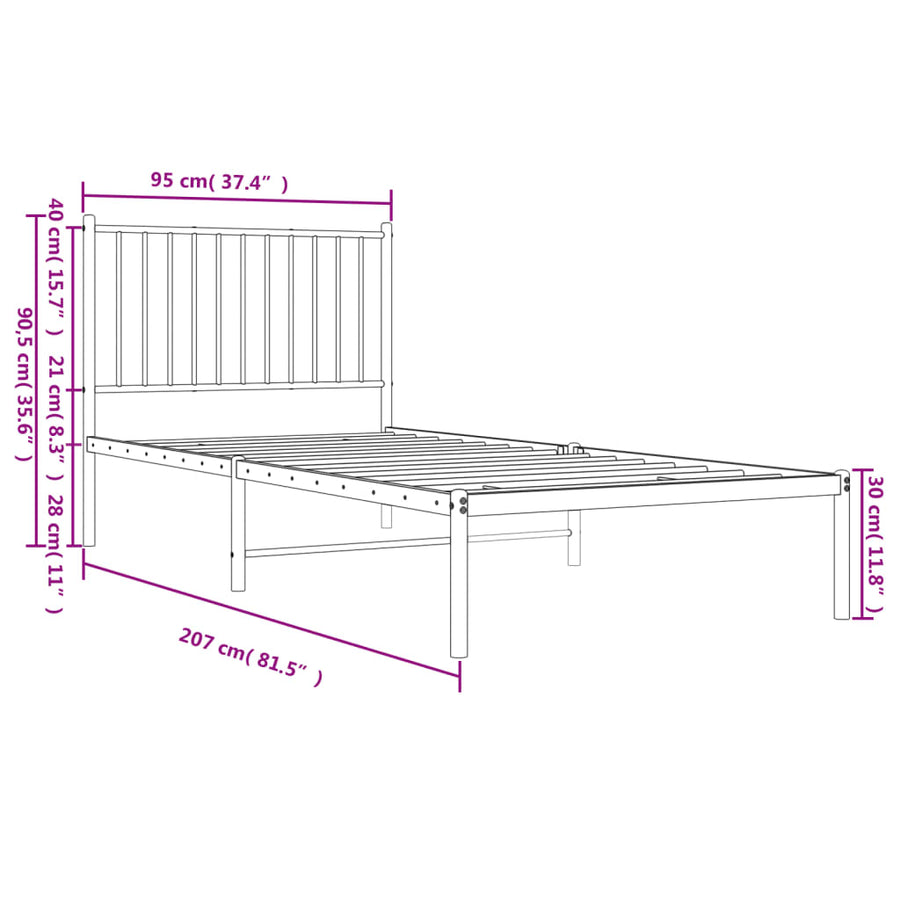 Bedframe met hoofdbord metaal zwart 90x200 cm