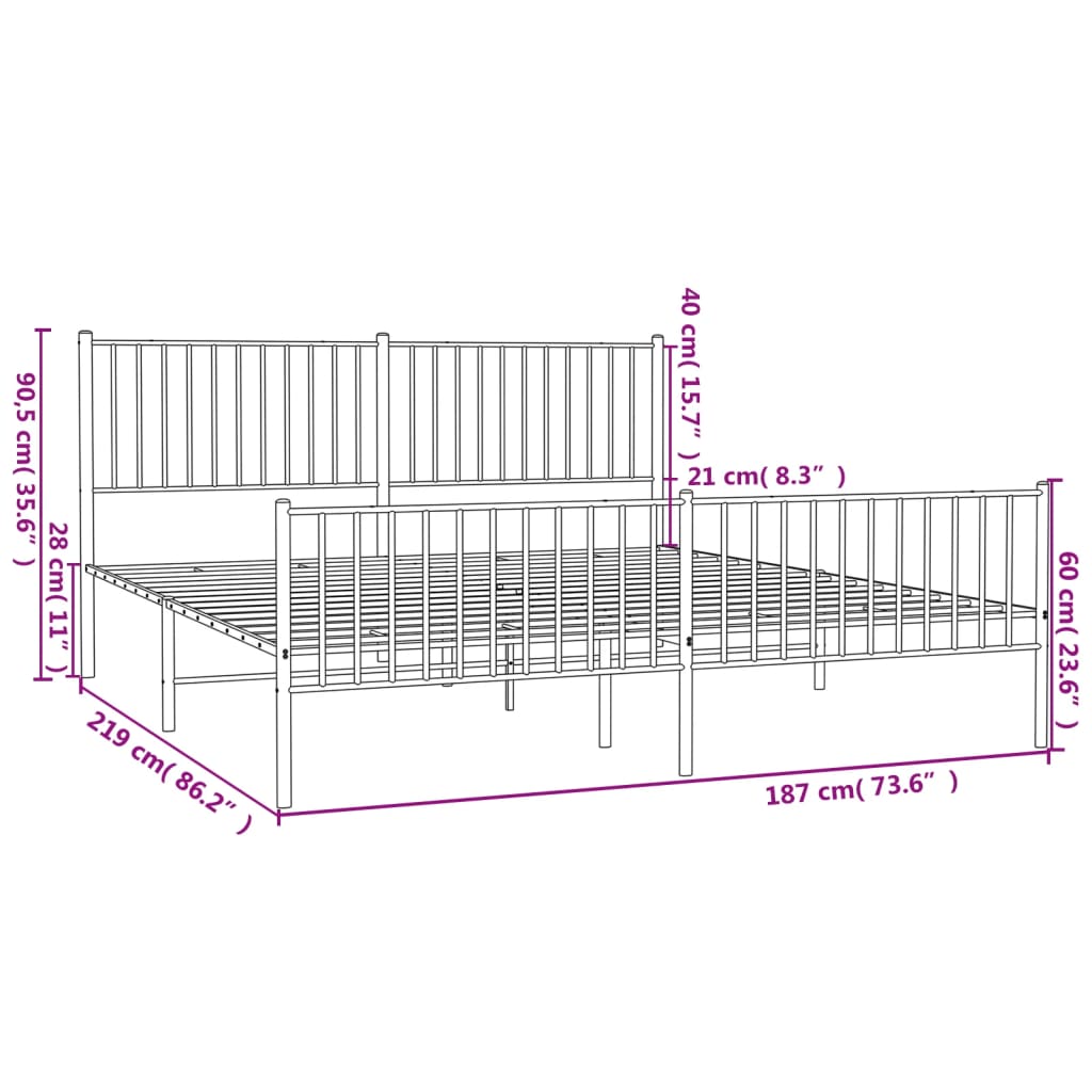 Bedframe met hoofd- en voeteneinde metaal zwart 183x213 cm 183 x 213 cm Zwart