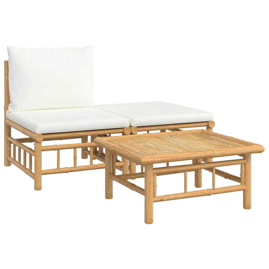 3-Delige Loungeset Met Kussens Bamboe Wit Crème midden + voetensteun + Tafel