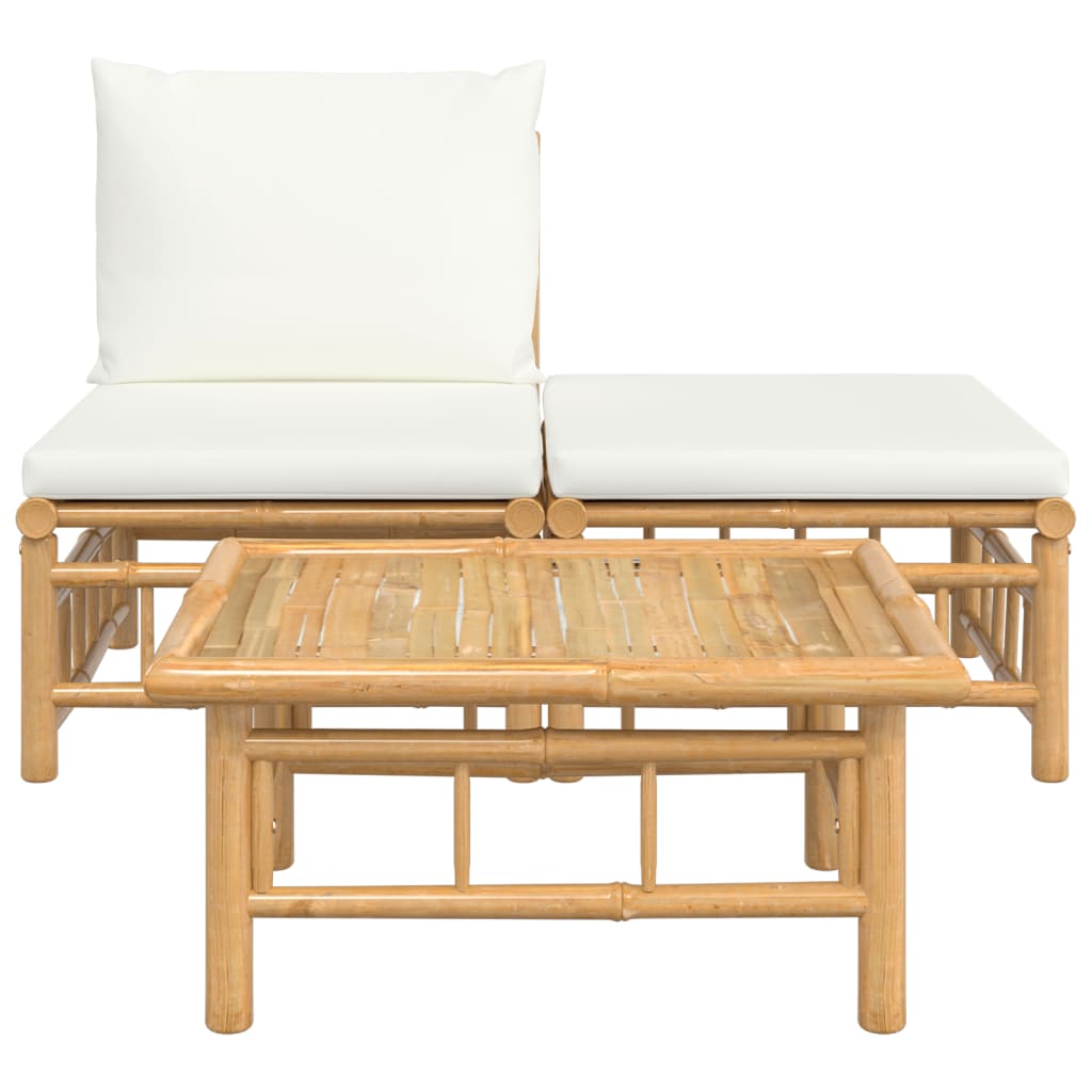 3-Delige Loungeset Met Kussens Bamboe Wit Crème midden + voetensteun + Tafel