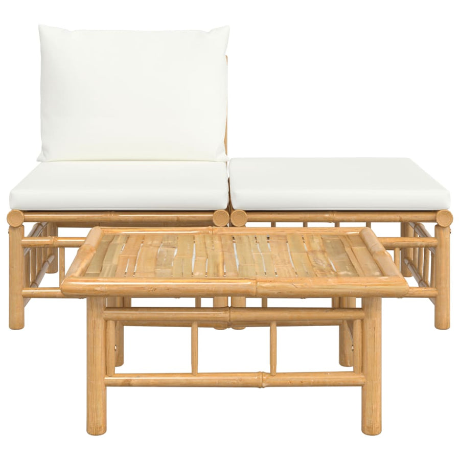 3-Delige Loungeset Met Kussens Bamboe Wit Crème midden + voetensteun + Tafel