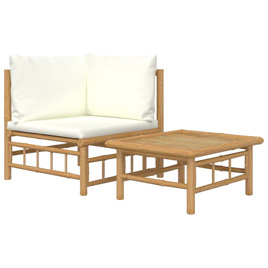 2-Delige Loungeset Met Kussens Bamboe Wit Crème hoek + Tafel