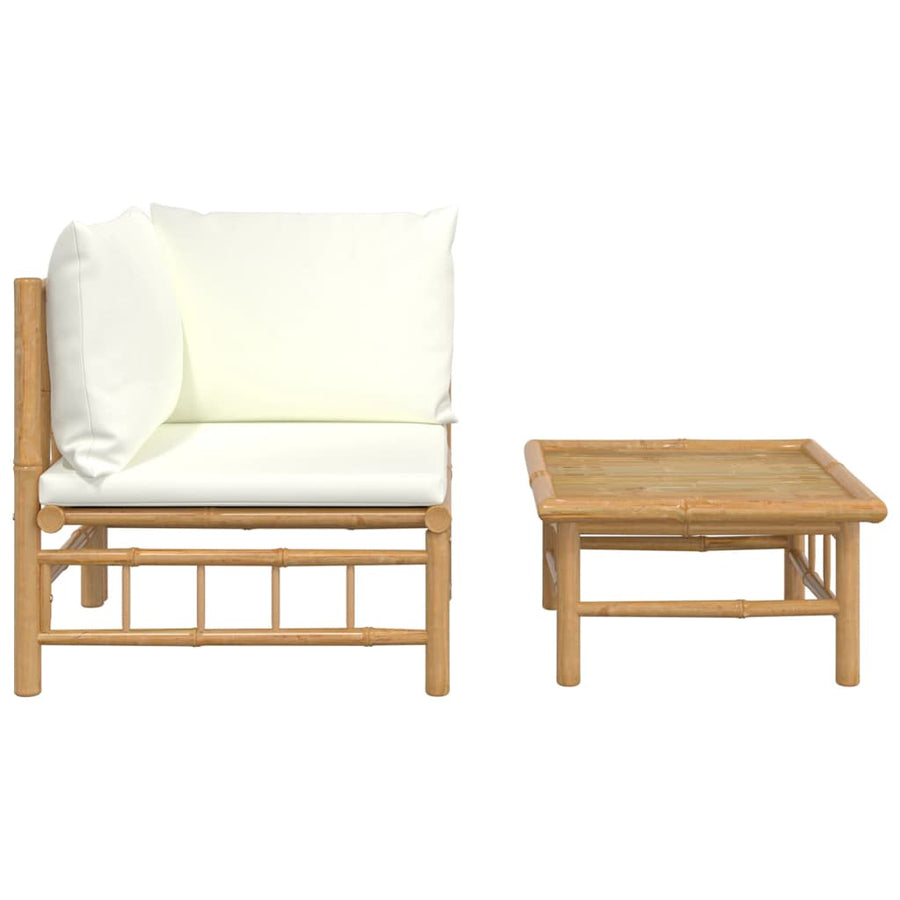 2-Delige Loungeset Met Kussens Bamboe Wit Crème hoek + Tafel