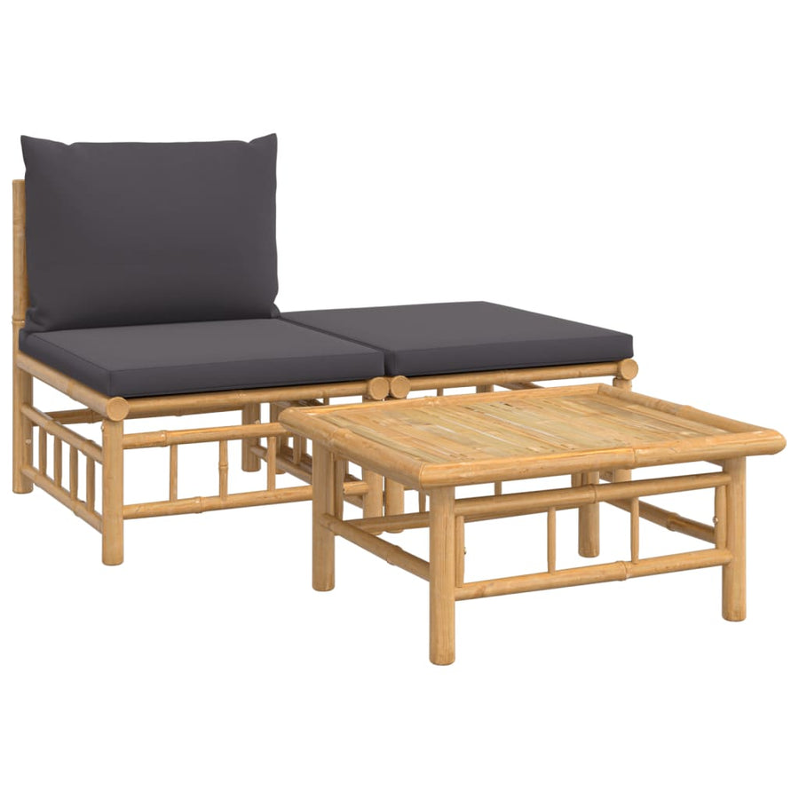 3-Delige Loungeset Met Kussens Bamboe Donkergrijs midden + voetensteun + Tafel