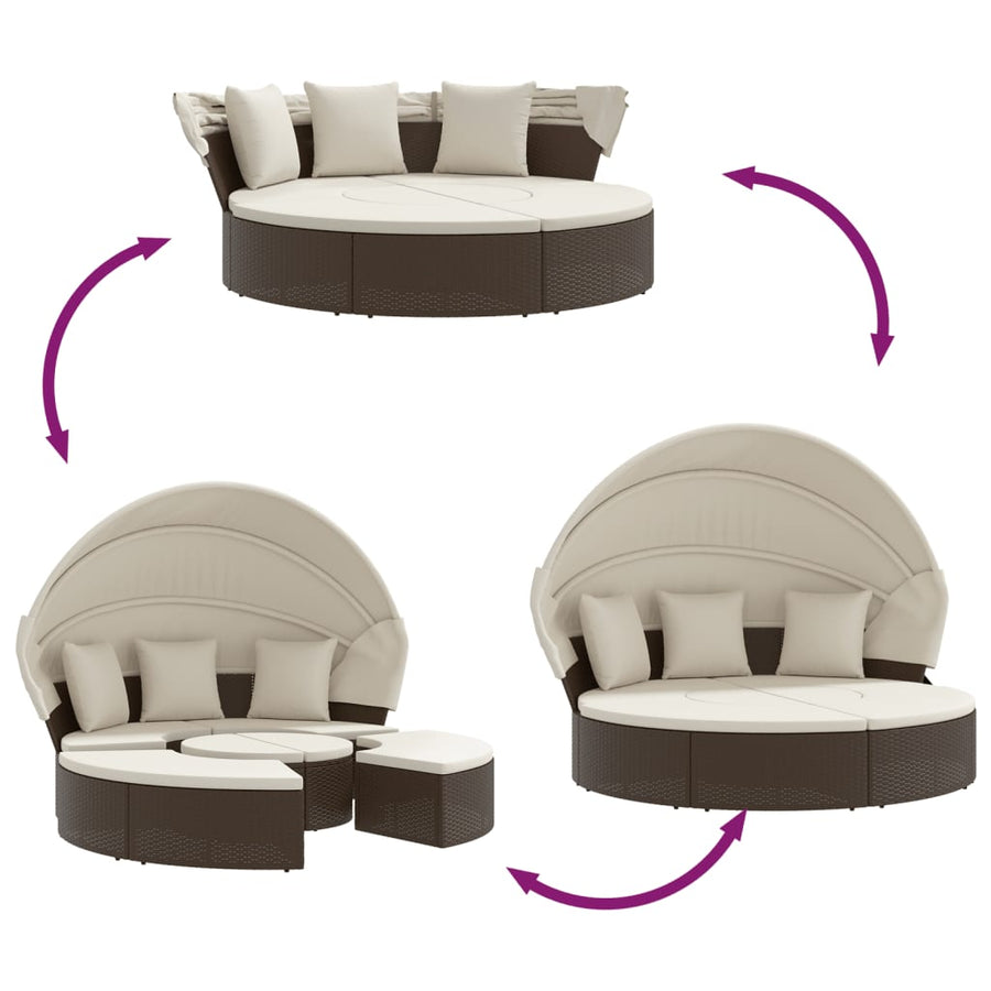 Loungebed Met Luifel En Kussens Poly Rattan Bruin