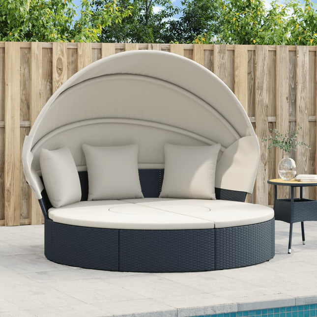 Loungebed met luifel en kussens poly rattan zwart