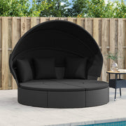 Loungebed poly rattan zwart met luifel en kussens