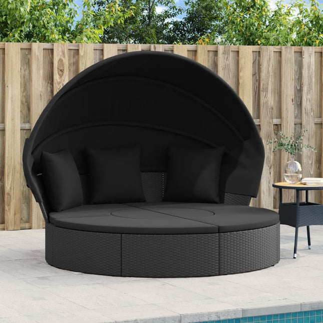 Loungebed met luifel en kussens poly rattan zwart