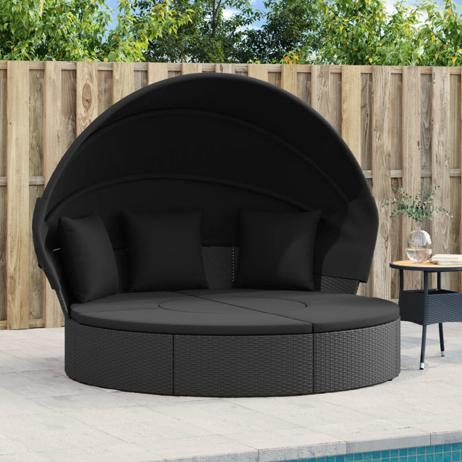 Loungebed Met Luifel En Kussens Poly Rattan Zwart