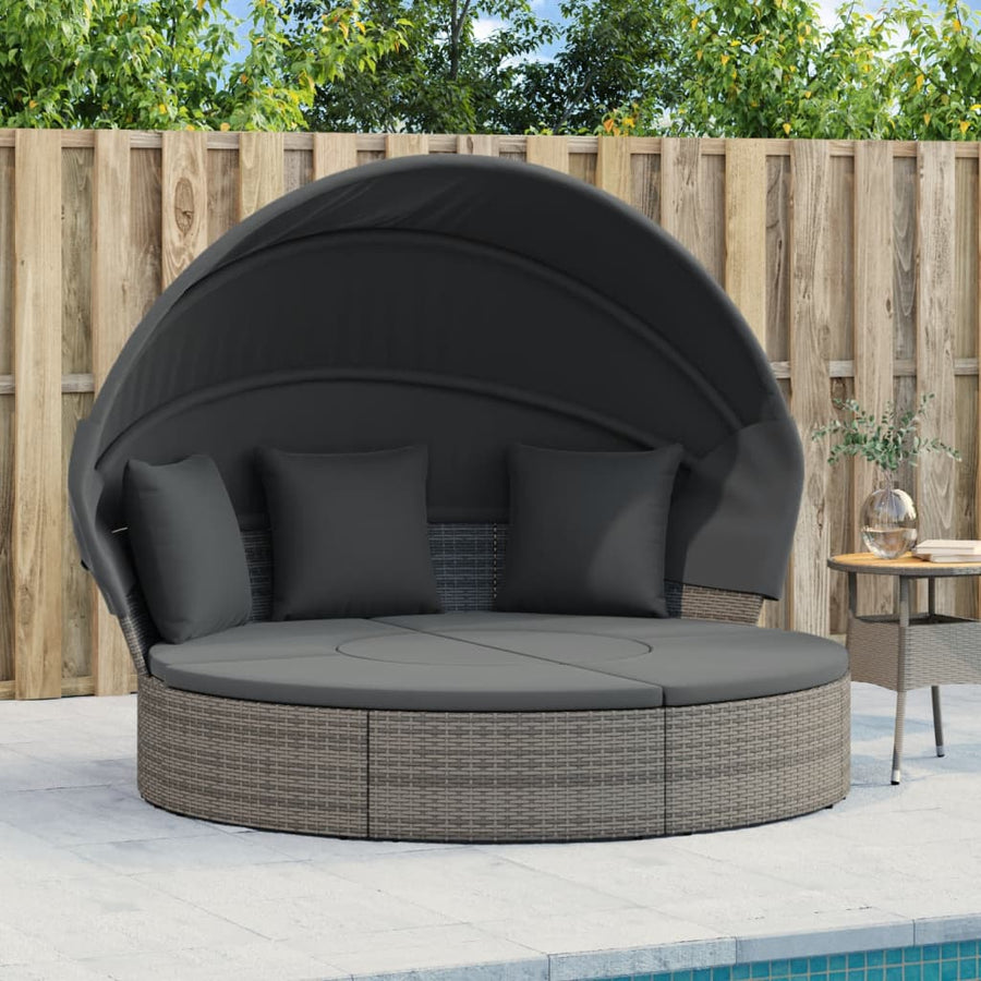 Loungebed Met Luifel En Kussens Poly Rattan Grijs