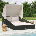 Ligbed poly rattan zwart met dak 200x114x128 cm