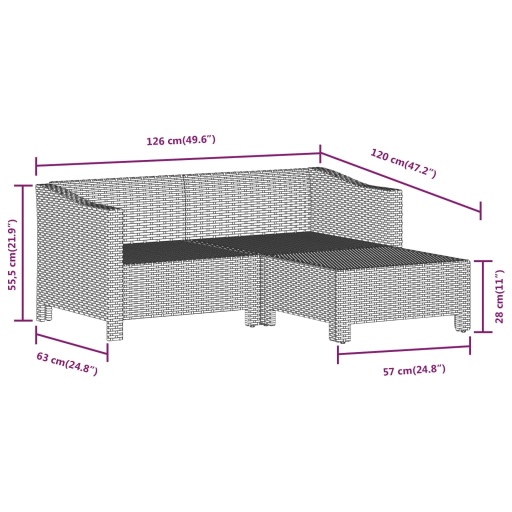 3-Delige Loungeset Met Kussens Poly Rattan Grijs 2x Fauteuil + voetensteun