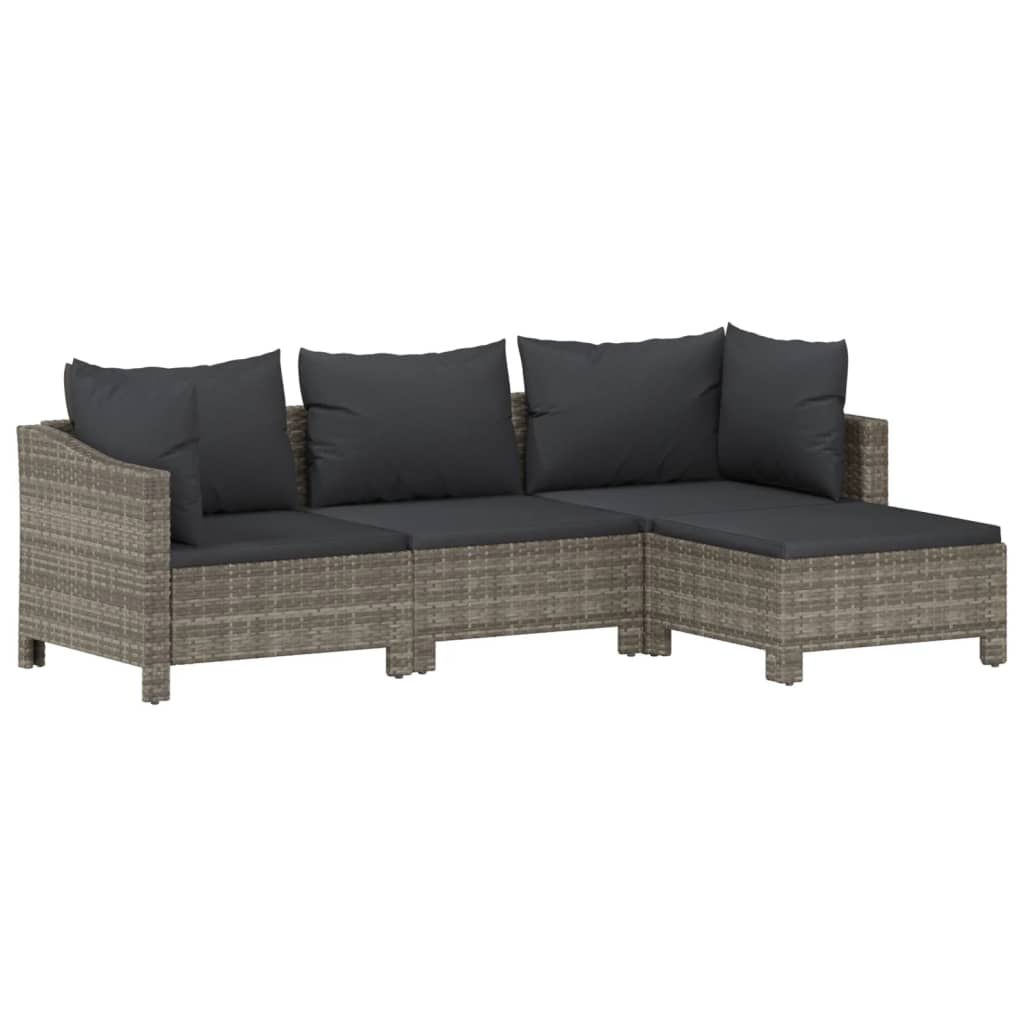 4-Delige Loungeset Met Kussens Poly Rattan Grijs 2x Fauteuil + midden + voetensteun