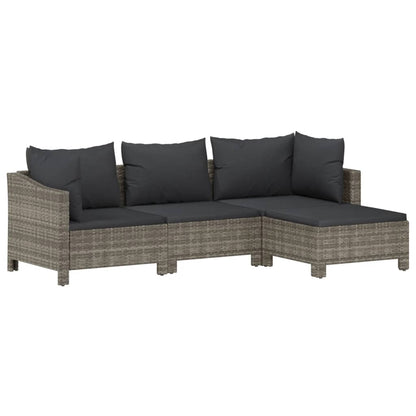 4-Delige Loungeset Met Kussens Poly Rattan Grijs 2x Fauteuil + midden + voetensteun