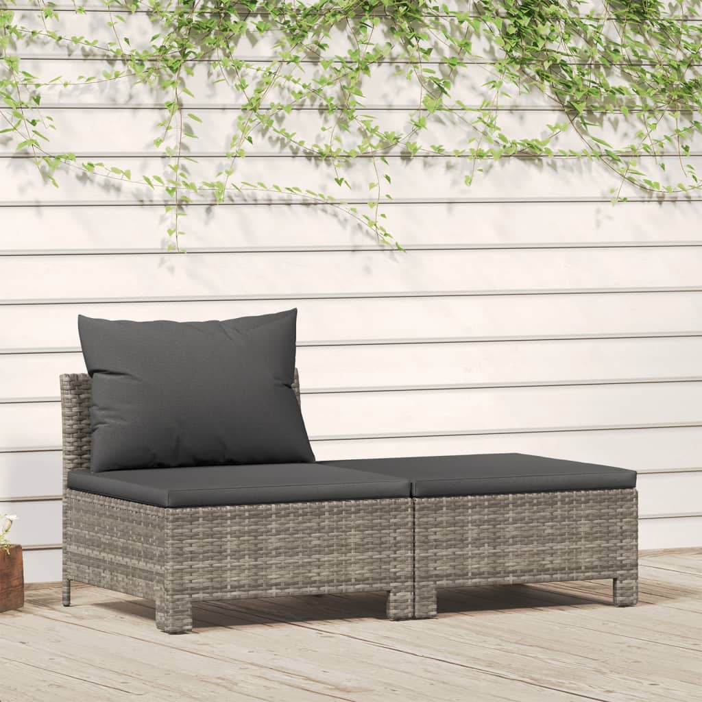 2-Delige Loungeset Met Kussens Poly Rattan Grijs midden + voetensteun