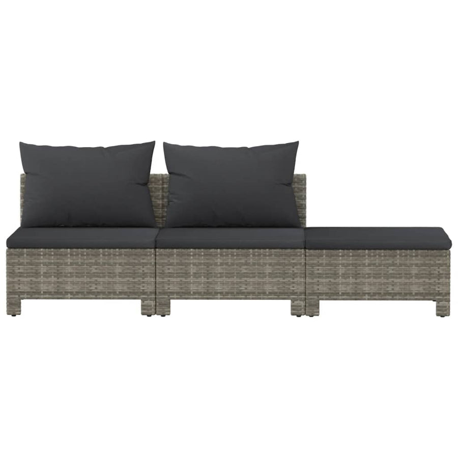 3-Delige Loungeset Met Kussens Poly Rattan Grijs 2x midden + voetensteun