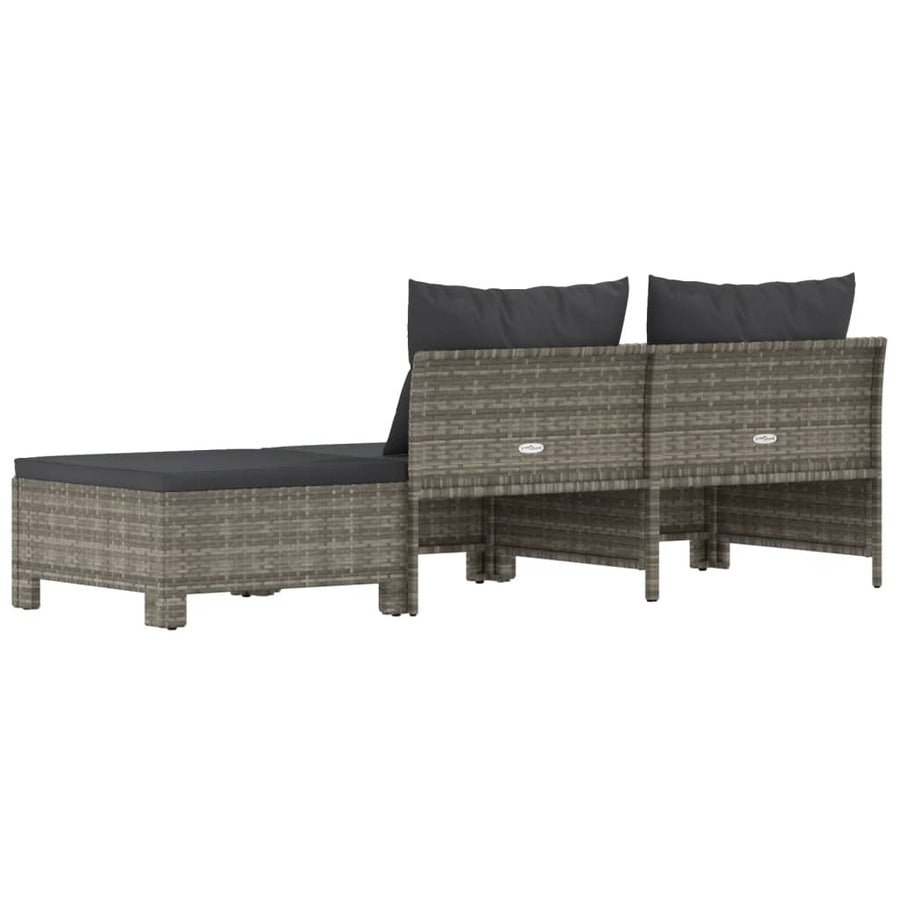 3-Delige Loungeset Met Kussens Poly Rattan Grijs 2x midden + voetensteun