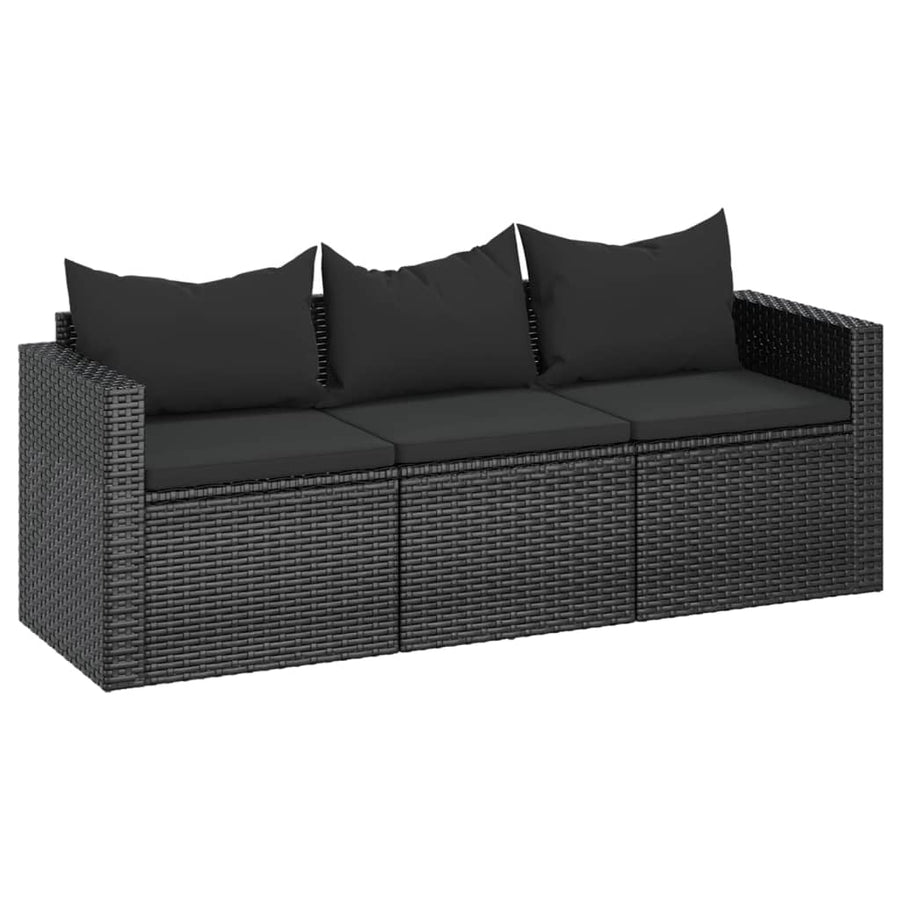 Tuinbank 3-zits met kussens poly rattan Zwart