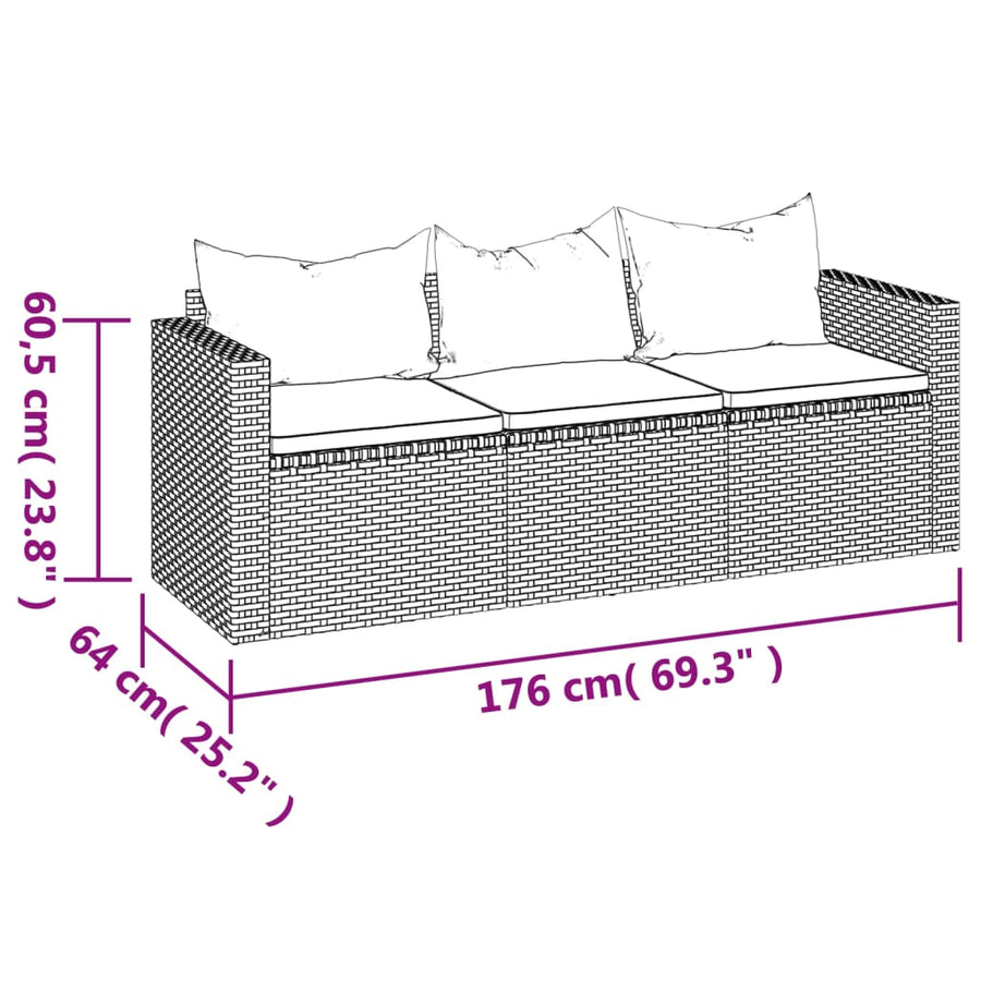 Tuinbank 3-zits met kussens poly rattan Grijs