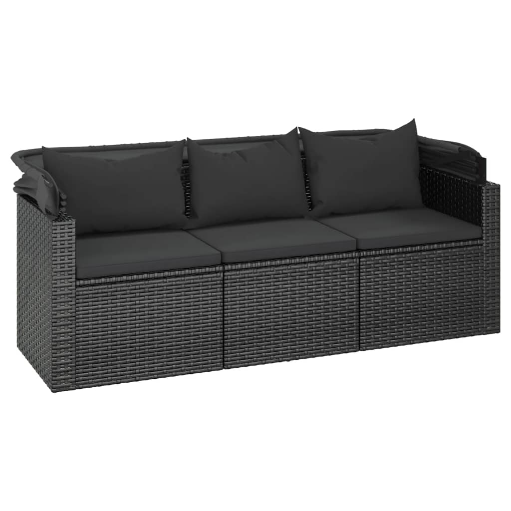 Tuinbank 3-Zits Met Dak En Voetenbank Poly Rattan Zwart