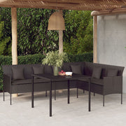 L-vormige tuinbank poly rattan zwart met kussens