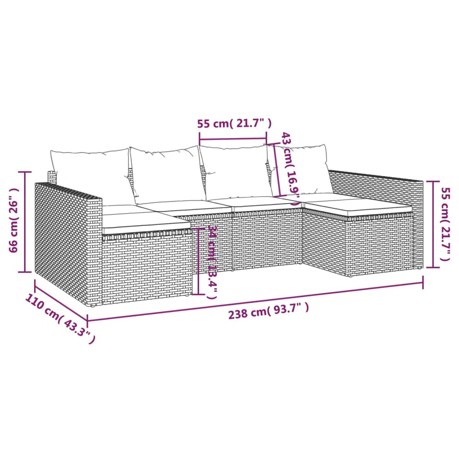 -Delige Loungeset Met Kussens Poly Rattan Grijs