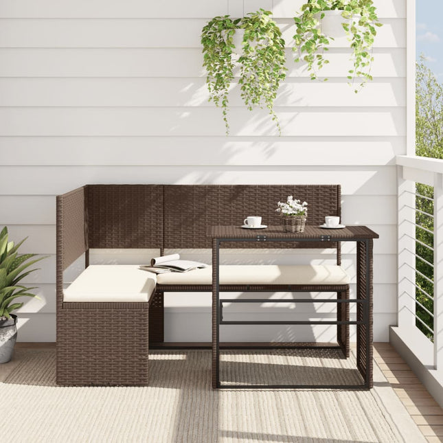 Tuinbank met tafel en kussens L-vormig poly rattan bruin