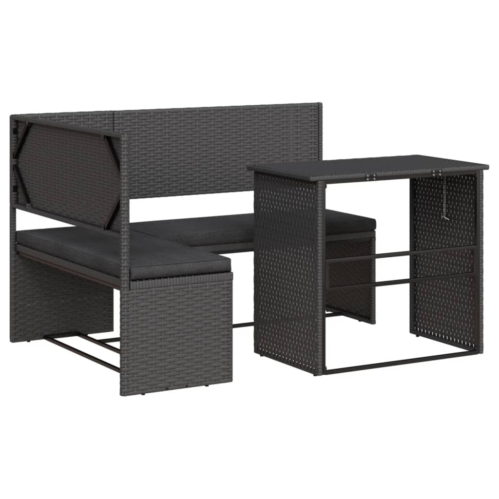 Tuinbank Met Tafel En Kussens L-Vormig Poly Rattan Zwart