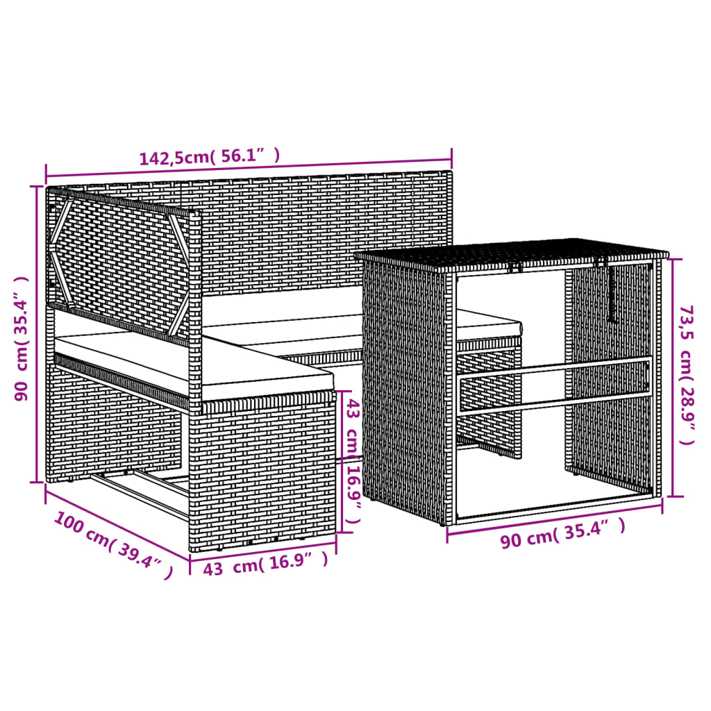 Tuinbank Met Tafel En Kussens L-Vormig Poly Rattan Zwart