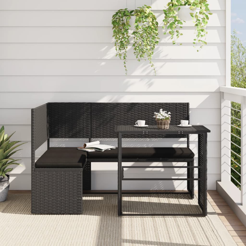 Tuinbank Met Tafel En Kussens L-Vormig Poly Rattan Zwart