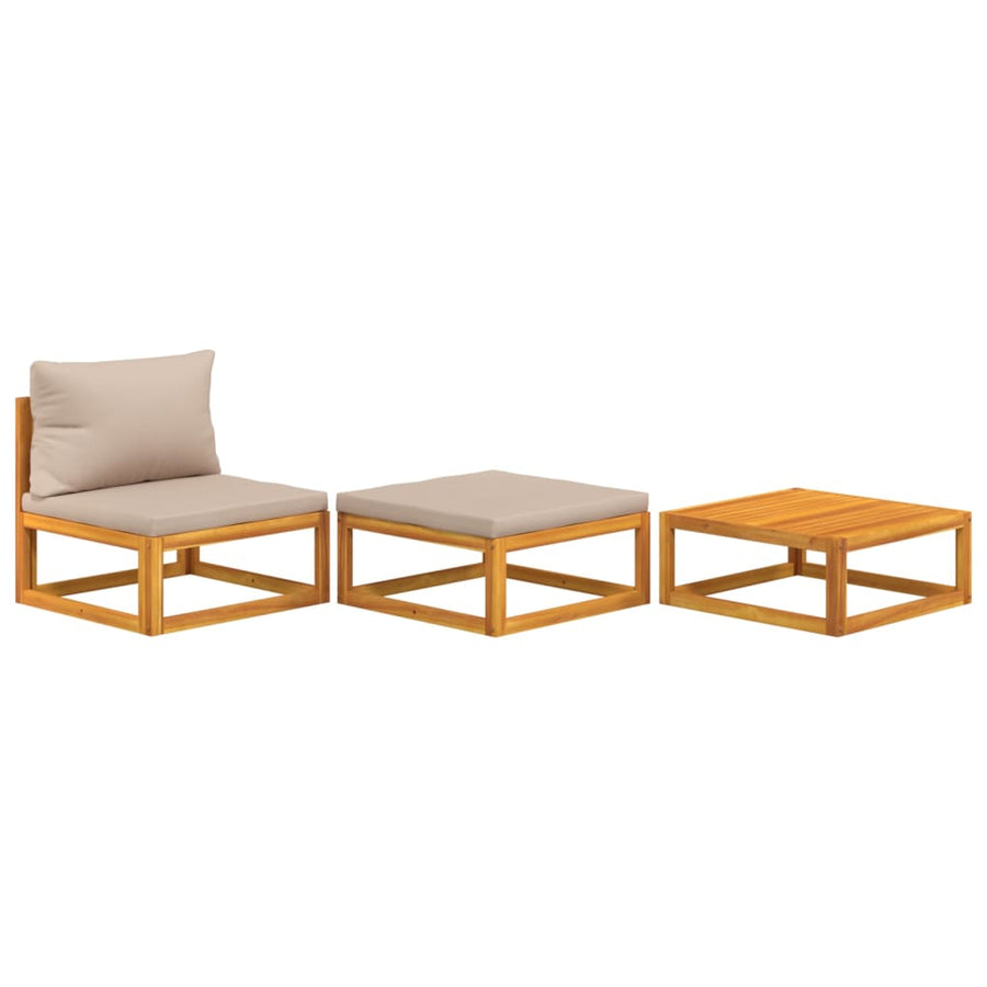 3-Delige Loungeset Met Kussens Massief Acaciahout Taupe midden + voetensteun + Tafel