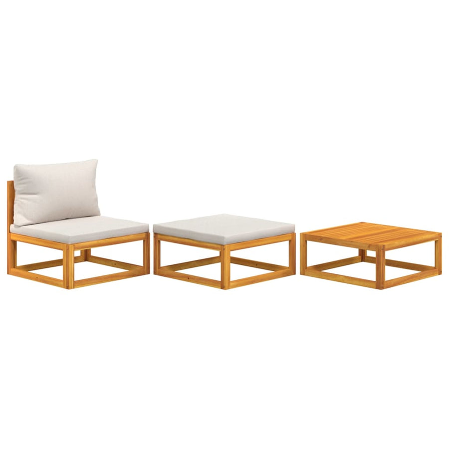 3-Delige Loungeset Met Kussens Massief Acaciahout Lichtgrijs midden + voetensteun + Tafel