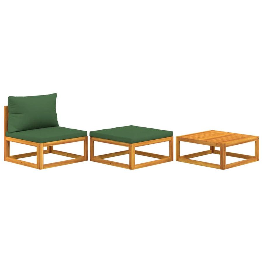 3-Delige Loungeset Met Kussens Massief Acaciahout Groen midden + voetensteun + Tafel