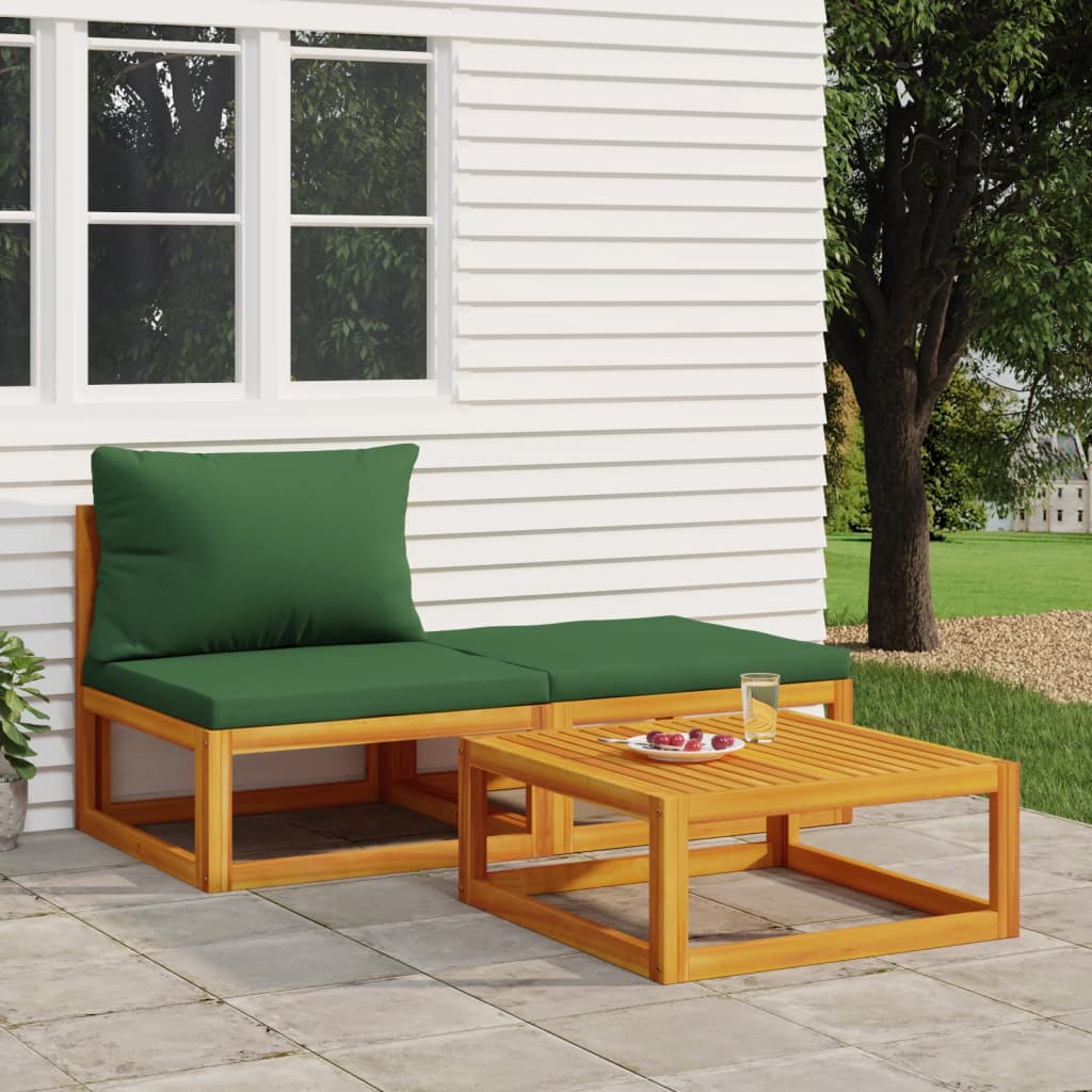 3-Delige Loungeset Met Kussens Massief Acaciahout Groen midden + voetensteun + Tafel