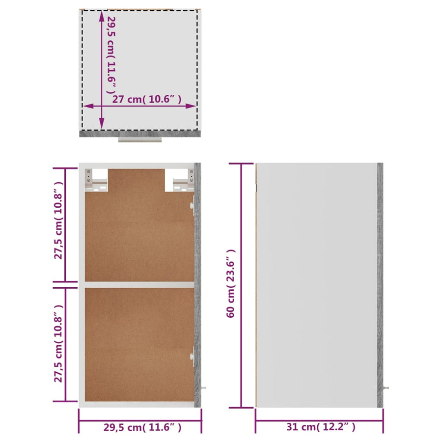 Hangkast 29,5x31x60 cm bewerkt hout grijs sonoma eikenkleurig Grijs sonoma
