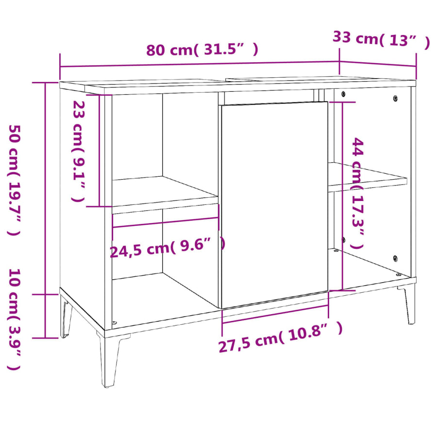 Wastafelkast 80X33X60 Cm Bewerkt Hout Eikenkleurig Grijs sonoma