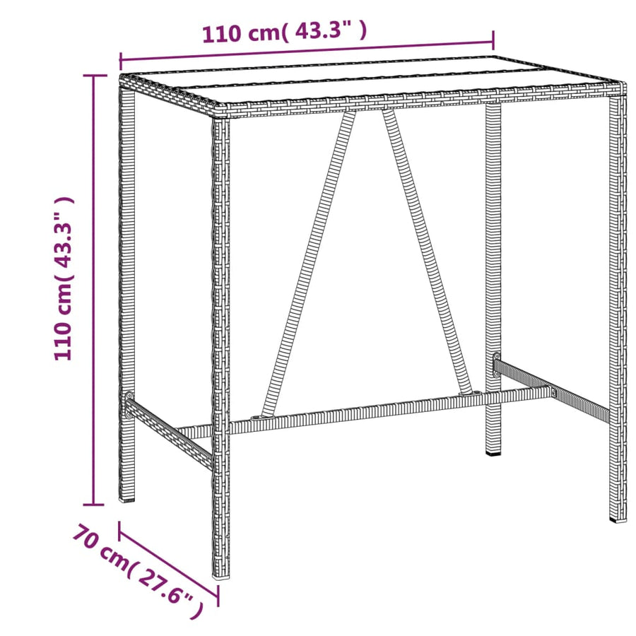 Bartafel Met Glazen Blad Poly Rattan 110 x 70 x 110 cm