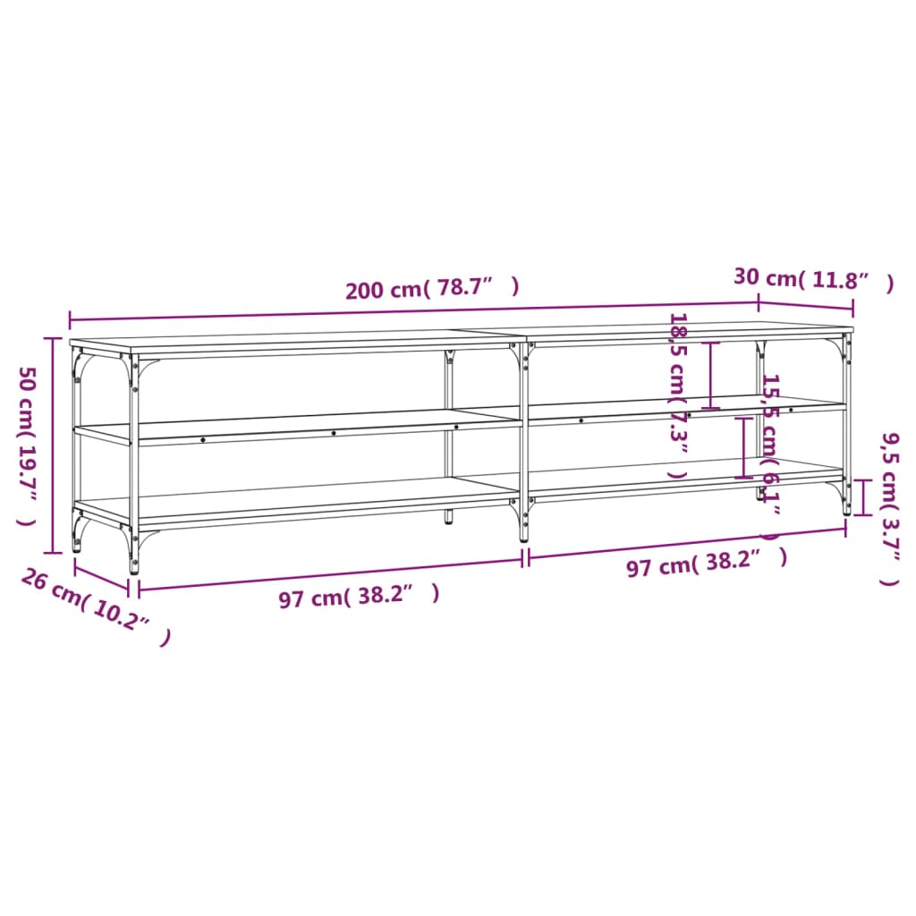 Tv-Meubel 200X30X50 Cm Bewerkt Hout Metaal Kleurig Gerookt eiken