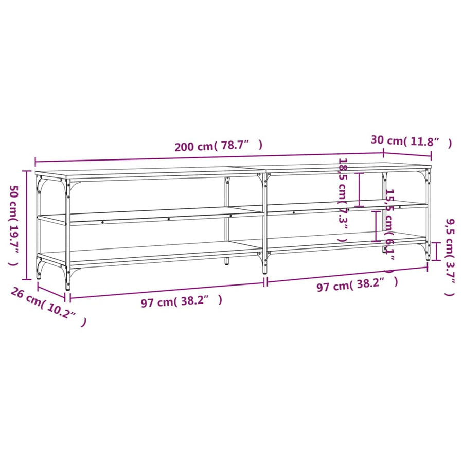 Tv-Meubel 200X30X50 Cm Bewerkt Hout Metaal Eiken Grijs sonoma