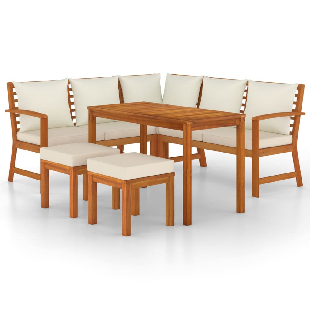 6-Delige Tuinset Met Kussens Massief Acaciahout Crèmewit 2x bench + corner + 2x footrest + table