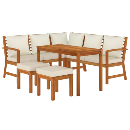 6-Delige Tuinset Met Kussens Massief Acaciahout Crèmewit 2x bench + corner + 2x footrest + table