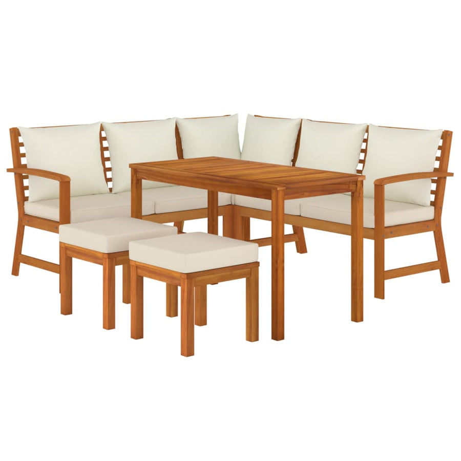 6-Delige Tuinset Met Kussens Massief Acaciahout Crèmewit 2x bench + corner + 2x footrest + table