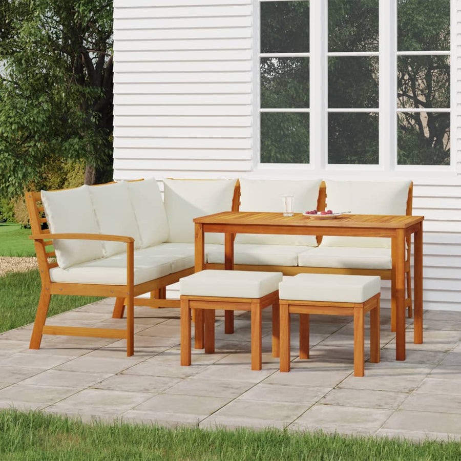 6-Delige Tuinset Met Kussens Massief Acaciahout Crèmewit 2x bench + corner + 2x footrest + table