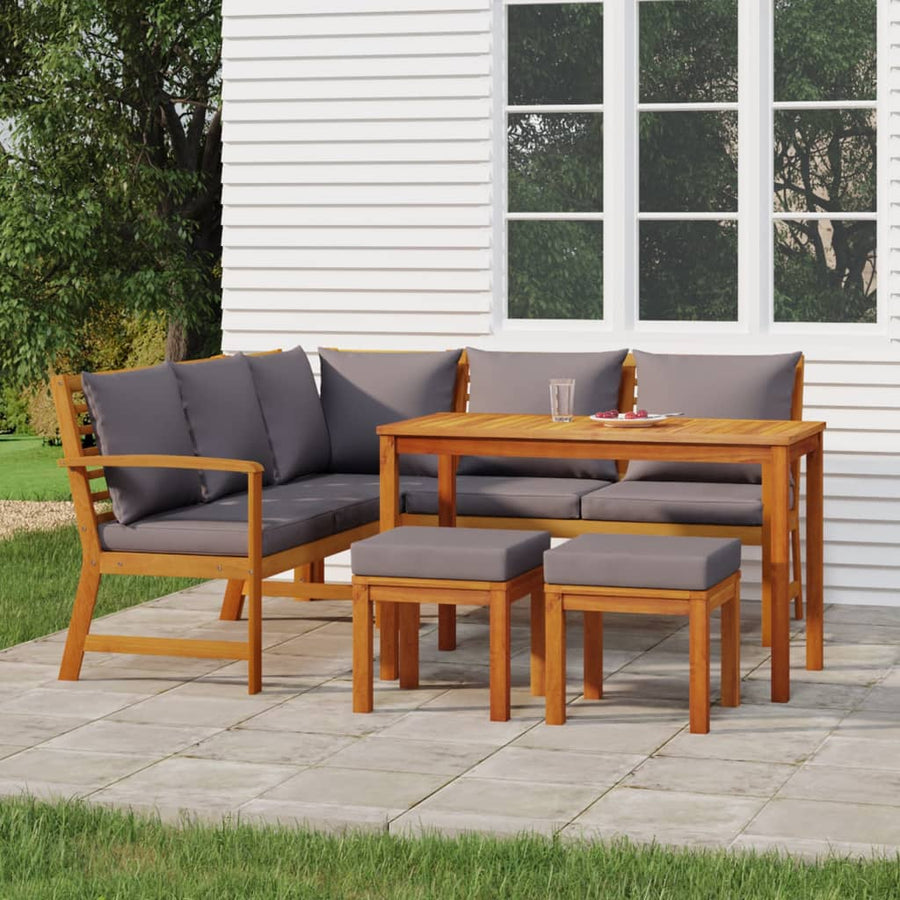 6-Delige Tuinset Met Kussens Massief Acaciahout Donkergrijs 2x bench + corner + 2x footrest + table