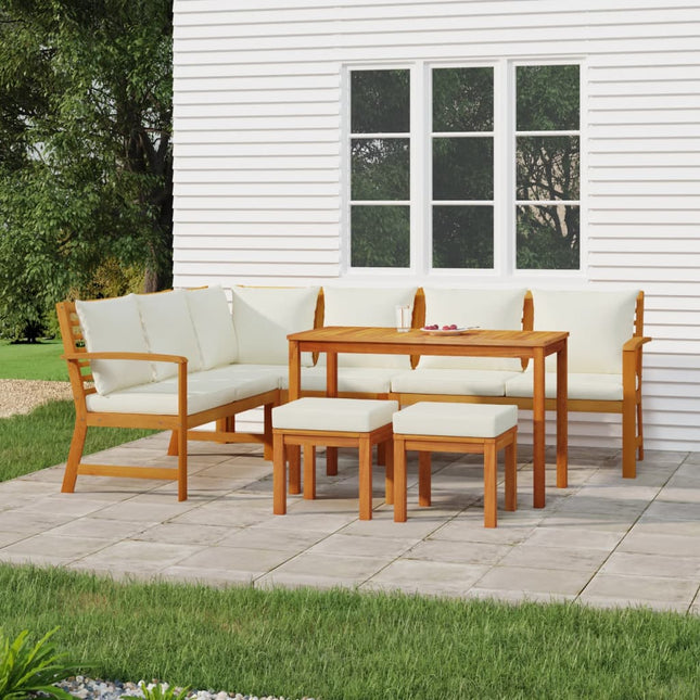 7-Delige Tuinset Met Kussens Massief Acaciahout Crèmewit 2x bench + corner + middle + 2x footrest + table