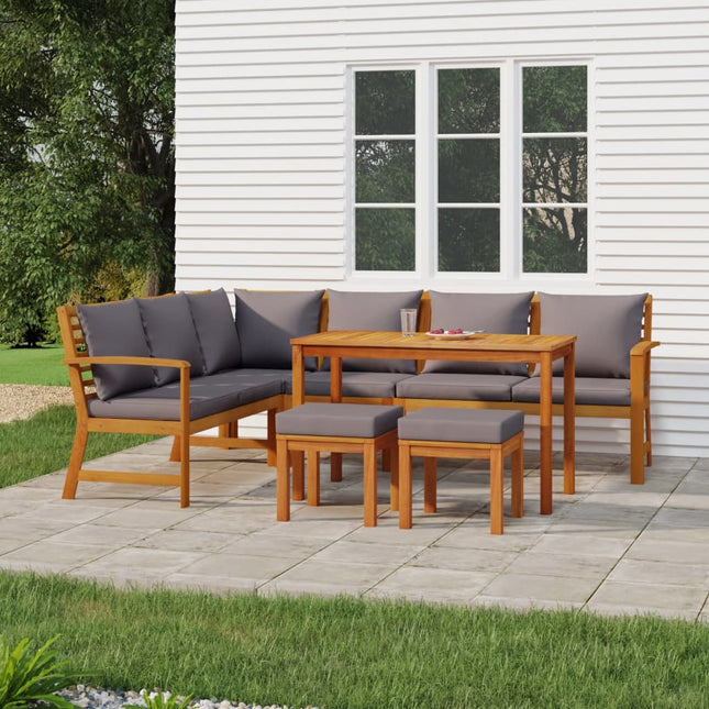 7-Delige Tuinset Met Kussens Massief Acaciahout Donkergrijs 2x bench + corner + middle + 2x footrest + table