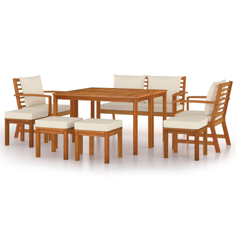 9-Delige Tuinset Met Kussens Massief Acaciahout Crèmewit bench + 2x chair + 4x footrest + 2x table