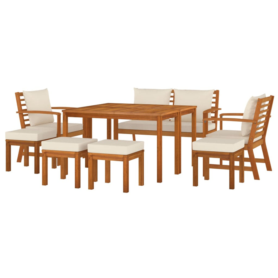 9-Delige Tuinset Met Kussens Massief Acaciahout Crèmewit bench + 2x chair + 4x footrest + 2x table
